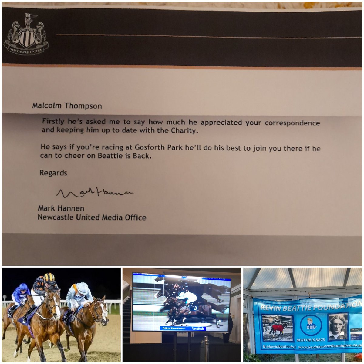 beattie_is's tweet photo. Thanks Newcastle United FC for your kind support &amp; hope to see you at Newcastle Racecourse cheering me on if back running there again.
Also we will arrange for the new badges, programmes to be sent onto you all.
Newcastle United FC / Beattie is Back! https://t.co/enMfS7jNpt