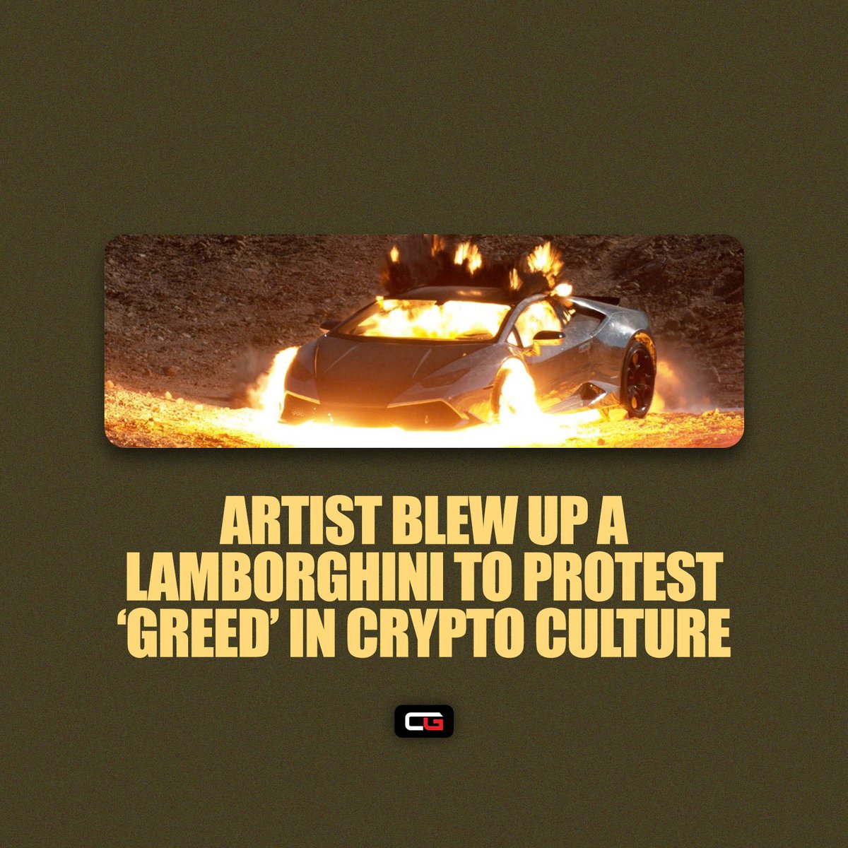 CGamesNetwork's tweet photo. An artist who blew up a Lamborghini earlier this month to protest against greed in crypto is now selling videos of the destroyed car parts as NFTs.
The auction, which is scheduled to take place later this week, will start the NFTs at around .01 Ether, or around $26. https://t.co/MyxIWxbp60