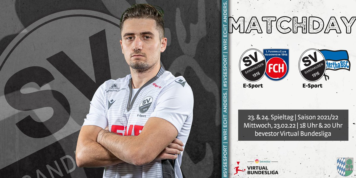 ⚫️ 𝐄-𝐒𝐩𝐨𝐫𝐭 𝐌𝐀𝐓𝐂𝐇𝐃𝐀𝐘 ⚪️  

🆚 <a href="/FCH1846/">1. FC Heidenheim 1846 e. V.</a> &amp; <a href="/HerthaBSCeSport/">Hertha BSC eSport</a>   
⏱️ 18 Uhr &amp; 20 Uhr
🎮 <a href="/vbl_official/">VBL | WOW VIRTUAL BUNDESLIGA</a>  
📺 twitch.tv/svs1916esport 
#⃣ #SVSEsport  

#SVS1916 #WirEchtAnders #VBLCC