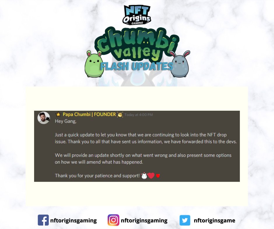 nftoriginsgame's tweet photo. Chumbi Valley flash update #2
Papa Chumbi and the team are working on the issues if the first nft drop. They will update the community as soon as they have the solution.
#chumbivalleyflashupdate #chumbivalley #mostanticipatedgame #p2e #f2p
@ChumbiValley @ChumbiNews https://t.co/nDSVrQwF8r