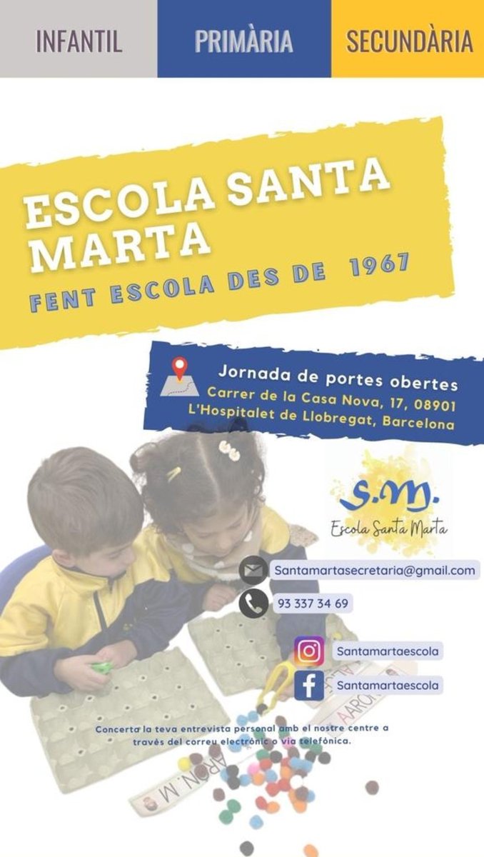 SantaMarta_SM's tweet photo. Portes obertes ! ! Concerteu la vostra visita. #educació #hospitaletdellobregat #LH #escola #escolaconcertada #primària #eso #infantil https://t.co/G3arSiAmnx