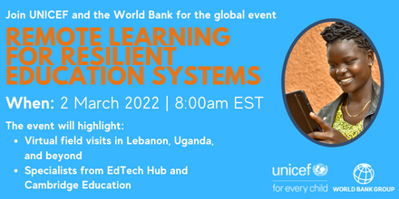 GlobalEdTechHub's tweet photo. Join @UNICEFEducation &amp; @WBG_Education for the global launch of Remote #LearningResourcePacks🗓️2 March 2022, 8am EST/4pm EAT. @GlobalEdTechHub @WBedutech @RobertG_Jenkins @JaimeSaavedra22 @EkStep_Org @EkStep_Org @CaitlinCoflan Register today🔗https://t.co/biOaVYn9gC https://t.co/4WEkSq8wpY