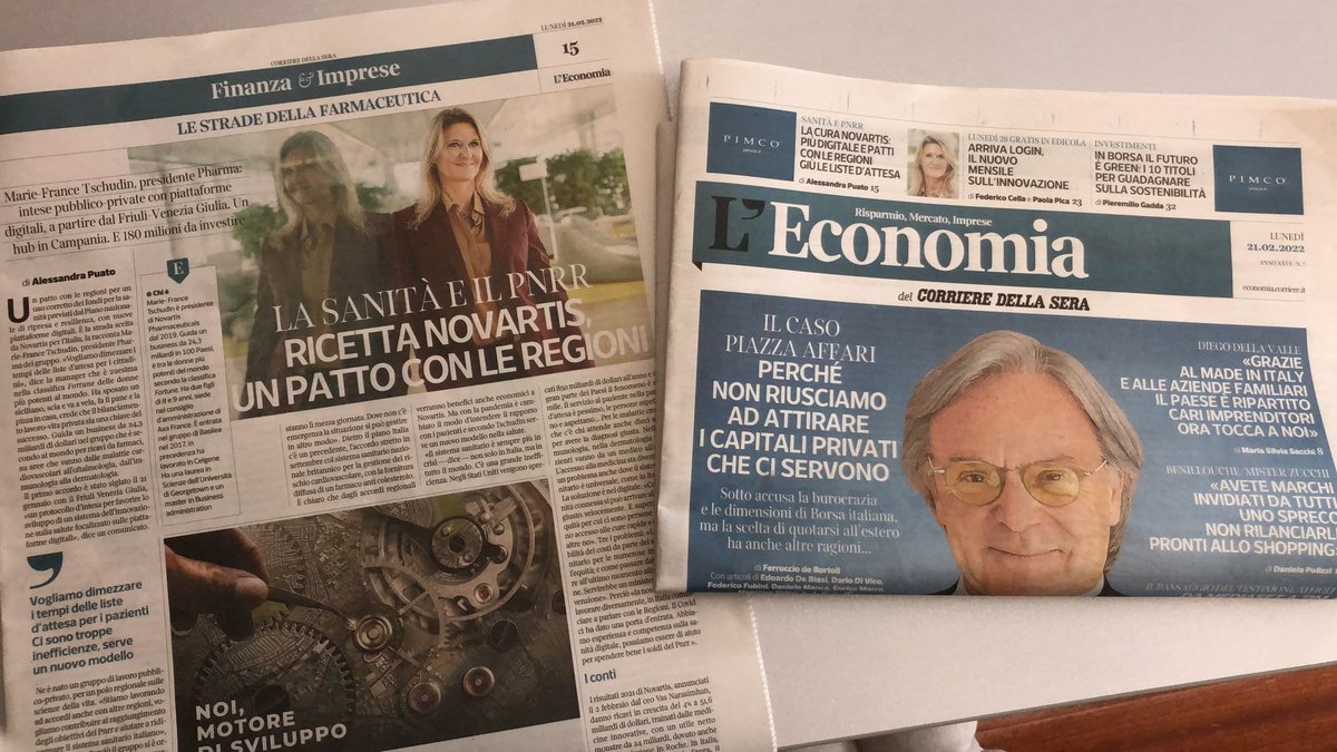 FregaPasquale's tweet photo. Vi invito a leggere questa intervista de @L_Economia, e ripresa da @Giornaleditalia a Marie-France Tschudin, Presidente @Novartis, sullo stato attuale della sanità nei paesi avanzati del quale la crisi Covid ha messo in luce alcuni limiti e opportunità https://t.co/kRGWk1Nw3D https://t.co/kWTNIeQehI