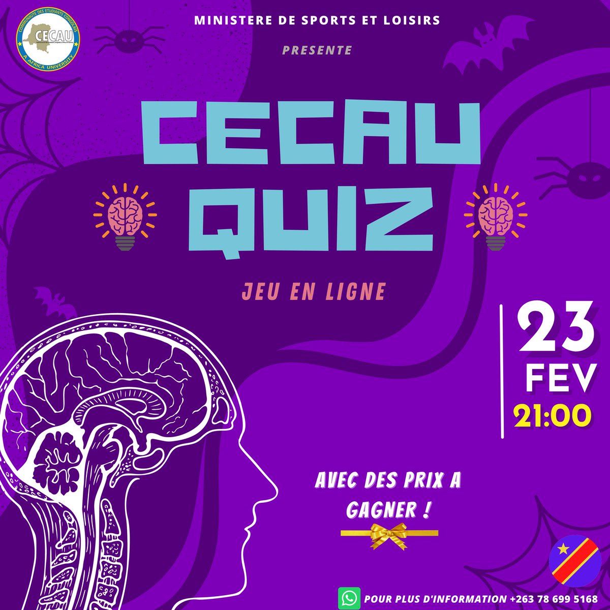 cecau_'s tweet photo. 🔴 Le ministère de Sport et loisirs organise un jeux en ligne CECAU QUIZ Ce mercredi à 21:00. Le jeu se passera en ligne (Google Form) contenant différentes questions à choix multiples. 

🎁 Les gagnants du Quizz seront récompensés 🎁

#CECAU #CongoleseCommunity https://t.co/LE3DWB1hZV