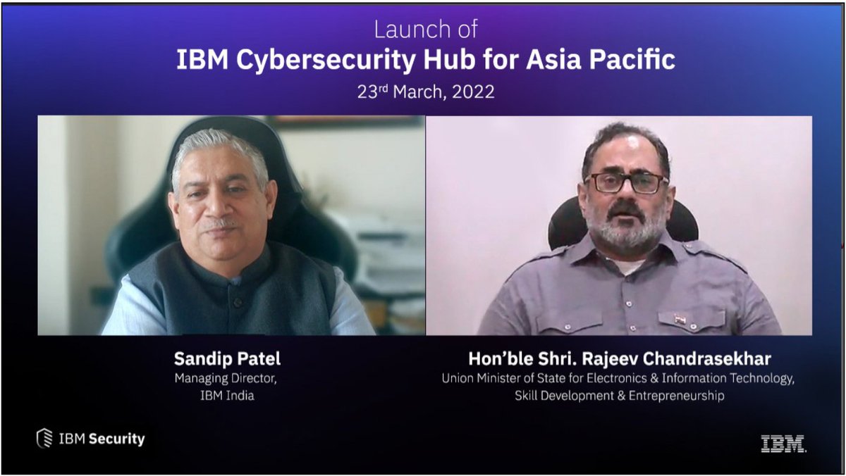 Hon'ble Shri <a href="/Rajeev_GoI/">Rajeev Chandrasekhar (Parody)</a>, it was inspiring to have you with us for launch of <a href="/IBM/">IBM</a> Cybersecurity Hub for Asia Pacific designed to strengthen country's #cybersecurity ecosystem. Motivated by your thought on "securing Asia from India"🙏
<a href="/ArvindKrishna/">Arvind Krishna</a> <a href="/ibm_in/">IBM India</a> ibm.co/3JOEb0M