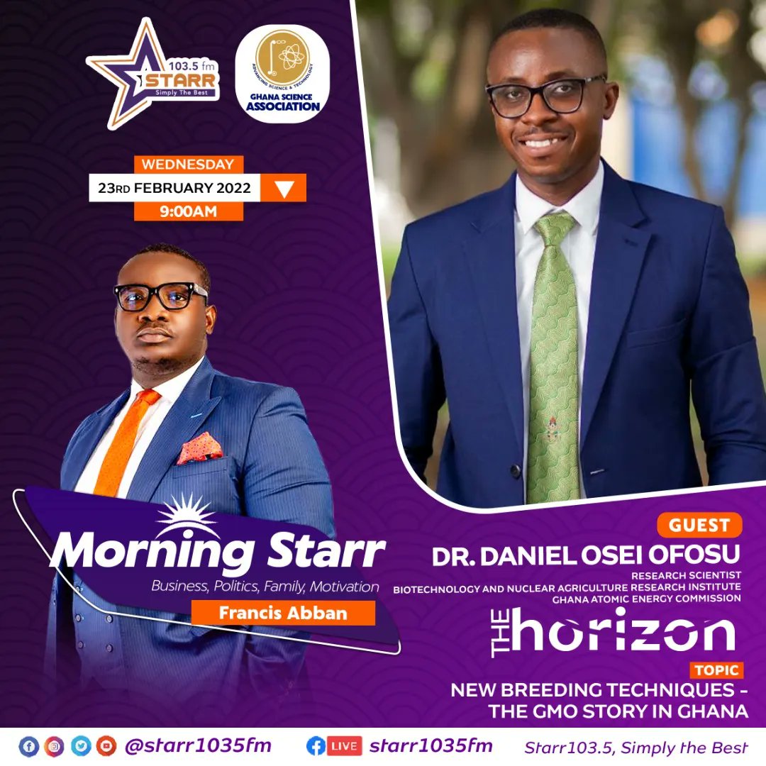 Ghscientific's tweet photo. We are closer than ever to having some GMO crops approved in Ghana. Join the conversation at 9am.
#thehorizon #morningstarr #ghscientific #scicomm #stemgheek #GMO #agriculture https://t.co/UkkRJEkYlh