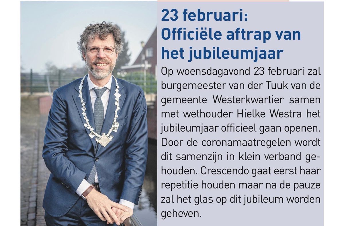 BicycleShowband's tweet photo. 𝐇𝐨𝐞𝐫𝐚 𝐰𝐢𝐣 𝐛𝐞𝐬𝐭𝐚𝐚𝐧 𝟏𝟎𝟎-𝐣𝐚𝐚𝐫! Een hebben een prachtige bijlage in @De_Streekkrant.

Vanavond zal burgemeester van der Tuuk het jubileumjaar officieel gaan openen. Na de pauze zullen we het glas heffen op ons jubileum! 🥂 https://t.co/5WREChbV5g