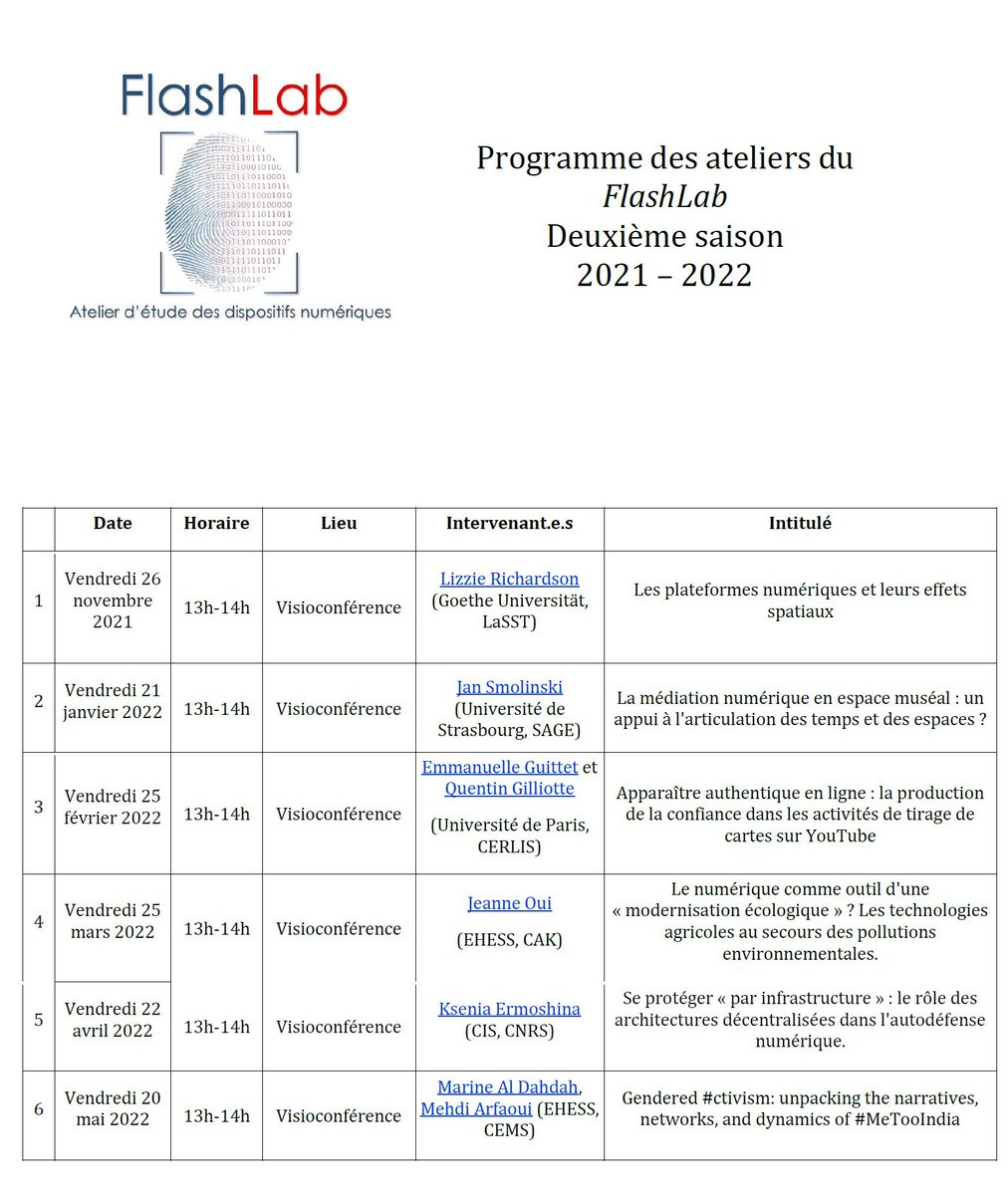 VicPotier's tweet photo. A ne pas manquer : la prochaine séance du #FlashLab vendredi à 13h !

@Emm_Guittet et Quentin Gilliotte nous présenterons leurs travaux sur la production de l'authenticité en ligne, le tarot et Youtube...  

Lien &amp; inscription : flashlab@framalistes.org https://t.co/RWUt6oFIRZ