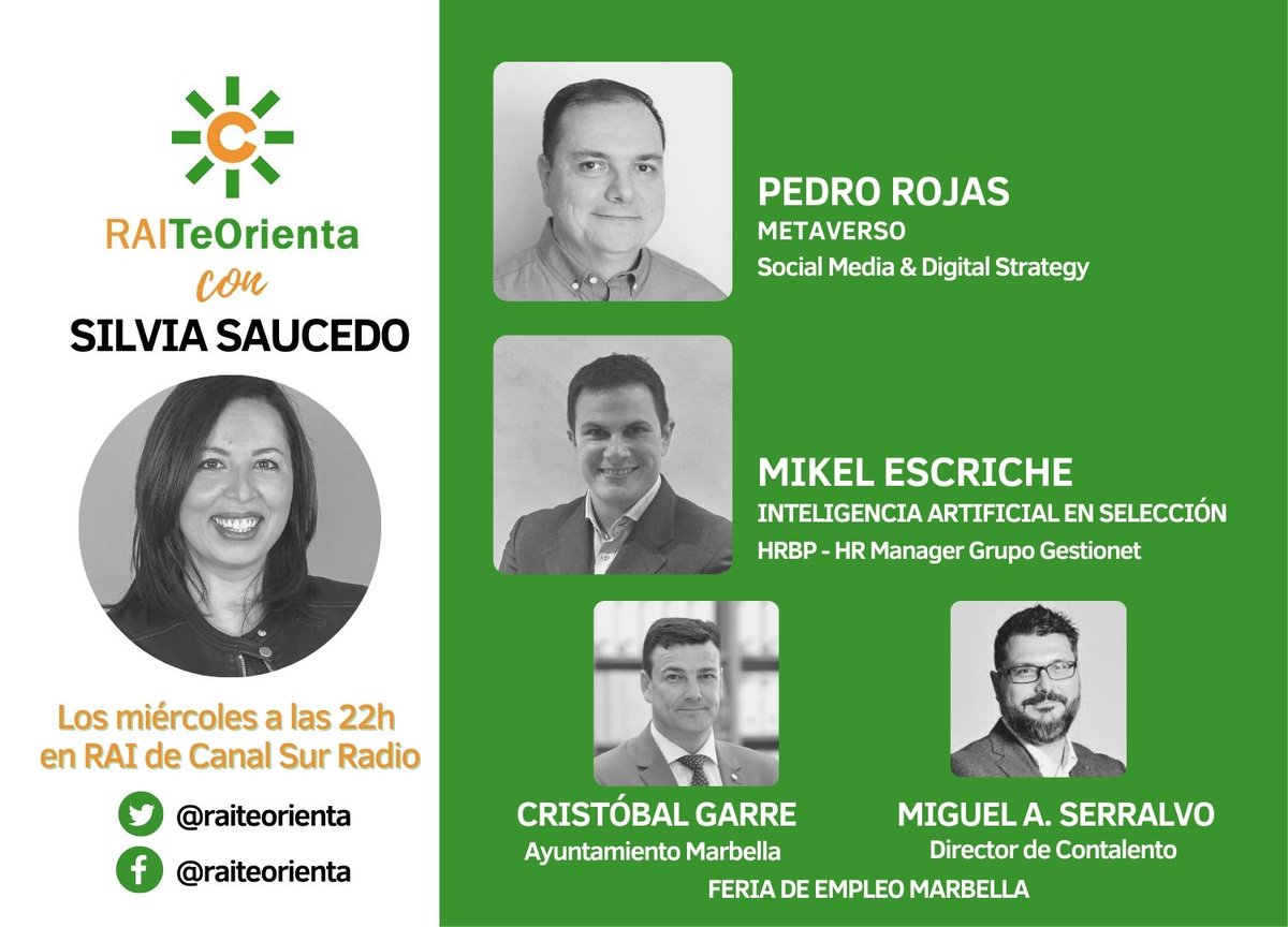 Gestionet's tweet photo. Nuestro compañero @miescri estará esta noche en el programa de radio #RAITeOrienta de @canalsur presentado por @SaucedoSilv. Analizará el empleo de #inteligenciaartificial en la selección de #talento. Puedes escucharlo a partir de las 22 horas aquí: https://t.co/MQfJXVycZc https://t.co/YKYXXu0qd9