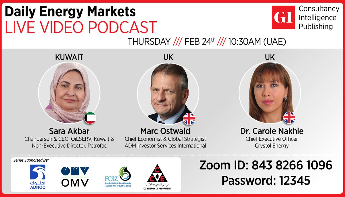 Looking forward to joining a lively discussion on <a href="/gulf_intel/">Gulf Intelligence</a> Daily Energy Market Forum tomorrow at 06:30 GMT 
<a href="/ADMISI_Ltd/">ADM Investor Services International Limited</a> <a href="/ADMAgriculture/">ADM Agriculture Ltd</a> <a href="/TradeADMIS/">ADM Investor Services</a> <a href="/carole_nakhle/">Dr Carole Nakhle كارول نخله</a> #OilServ
