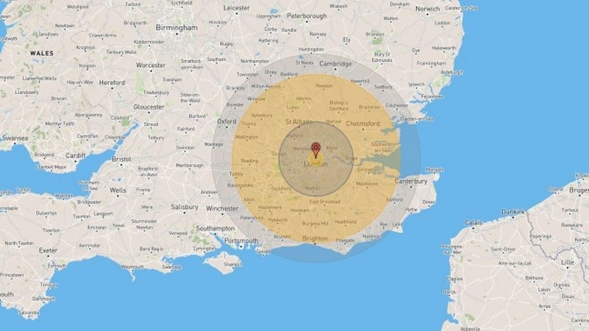 DailyMirror's tweet photo. Map shows UK areas that may be ruined if Russia launched nuclear bomb ​on London https://t.co/uPTnvYTszI https://t.co/V2cnD570y5
