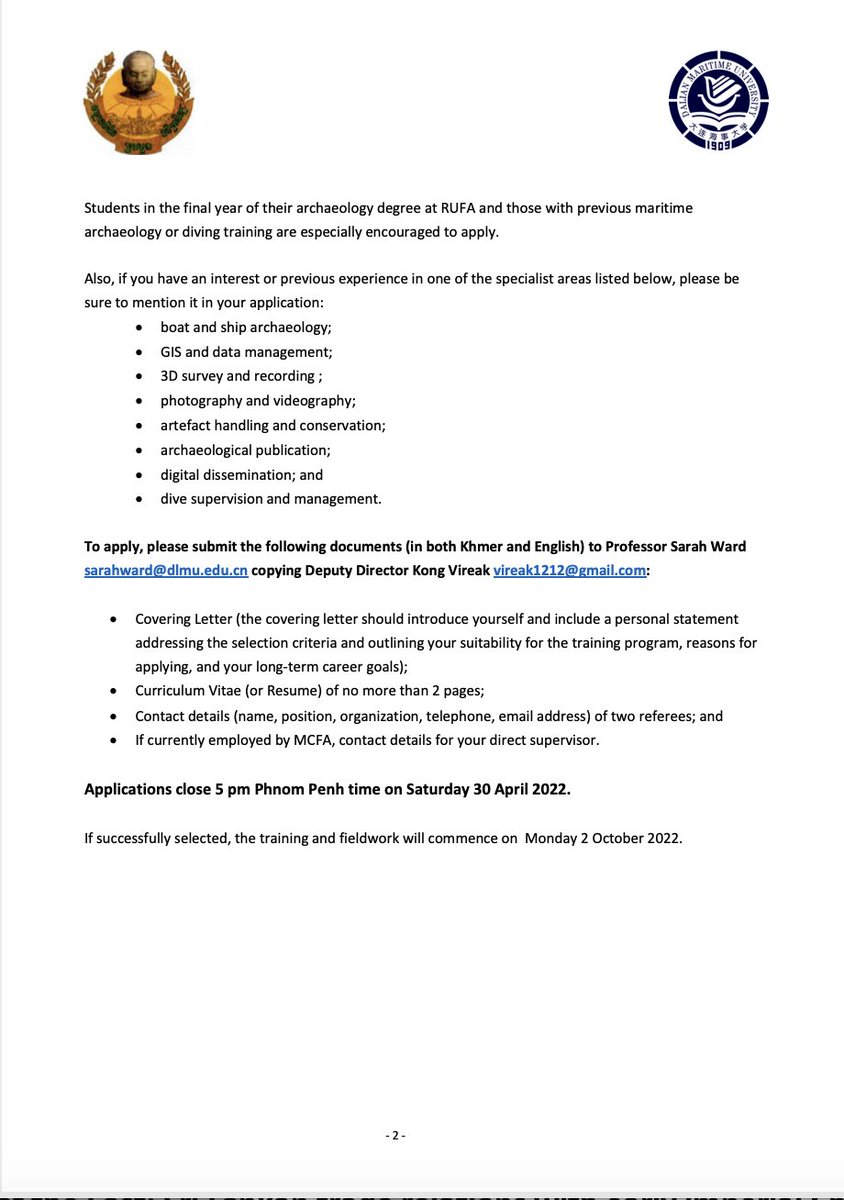 Applications for the Ministry of Culture and Fine Arts and <a href="/DLMU_China/">DLMU</a> #UnderwaterHeritage training program are now open! Cambodian #archaeologists and #ArchaeologyStudent interested in a career in #MaritimeArchaeology are invited to apply. Deadline 30 April. Details below! 👇🏼