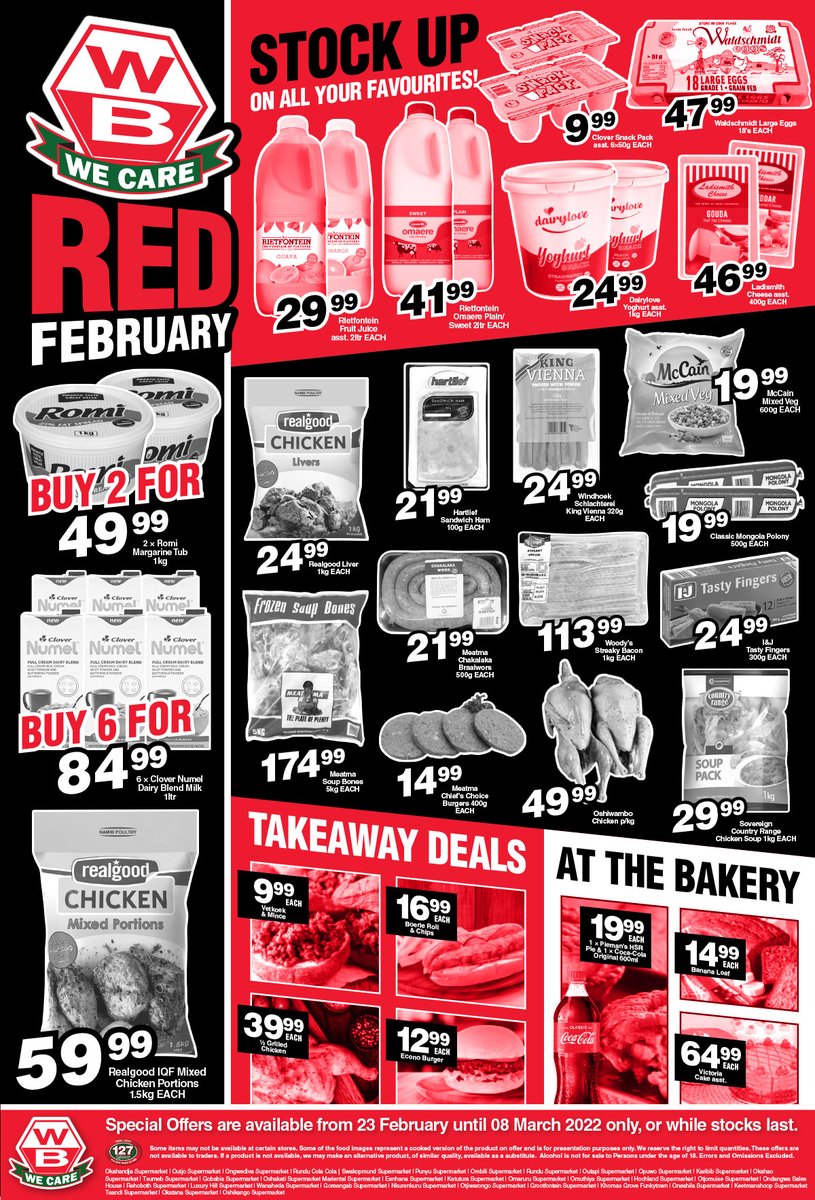 TheNamibian's tweet photo. Ad : 🔥😎 Get the Best for Less with Red February at Woermann, Brock! 💪😎💯 Now available at the following WB stores: https://t.co/2kmrWvzSi1 Valid until 08/03/2022. While stocks last. E&amp;OE. #woermannbrock #redfebruary #thecolourthatgivesyoumore https://t.co/WhftPTuChR