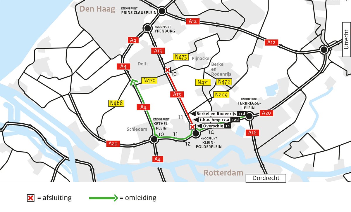 De #A13 in de richting van Den Haag is in het weekend van 4 tot 7 maart afgesloten. 🚧 Je wordt omgeleid via de #A4 en moet rekening houden met 15 minuten extra reistijd. ⏰bit.ly/35eeUOt