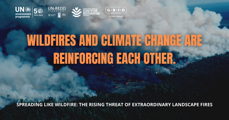UNFCCC's tweet photo. 🔼 14% by 2030 
🔼 30% by 2050
🔼 50% by 2100

This is the projected increase of #wildfires according to a new @UNEP report. 

It calls to shift spending from reaction &amp; response to prevention &amp; preparedness.
