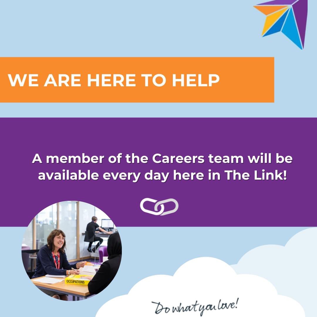 Theitp_1's tweet image. A member of the #Careers team will be here in The Link every day. 

The Careers team can help you with careers advice, #UCAS, interview preparation and much more. 

Contact us to find out more.