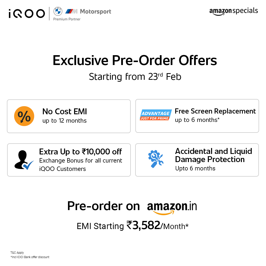 IqooInd's tweet photo. India's most advanced flagship, the #iQOO9Series is finally coming! Pre-order now for just ₹38,990 and get exclusive offers.
Up to 12 Months No Cost EMI, Up to ₹4000 off on exchange, free screen replacement and many more.
Pre-Order- https://t.co/zNr0dlOyQL

#iQOO #MonsterInside https://t.co/ZaRh7xacym