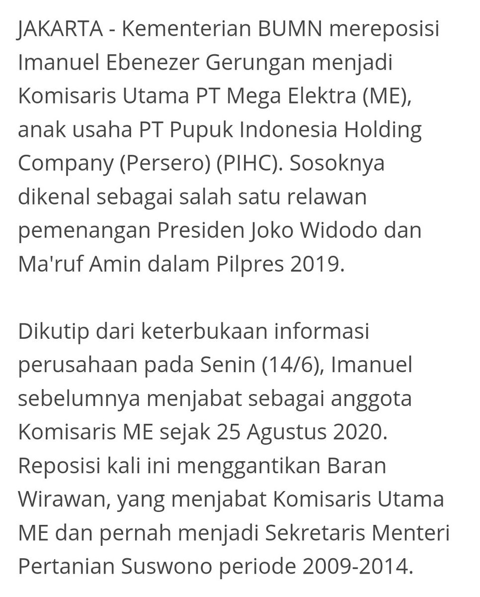 Bro <a href="/erickthohir/">Erick Thohir</a> salah satu komisaris utama di BUMN PT MEGA ELEKTRA bertindak memalukan membela tersangka teroris yang bukan menjadi Tupoksinya.

Jika kalian setuju Tolong di rituit twit ini biar meneg BUMN segera mencopot ybs secepatnya.