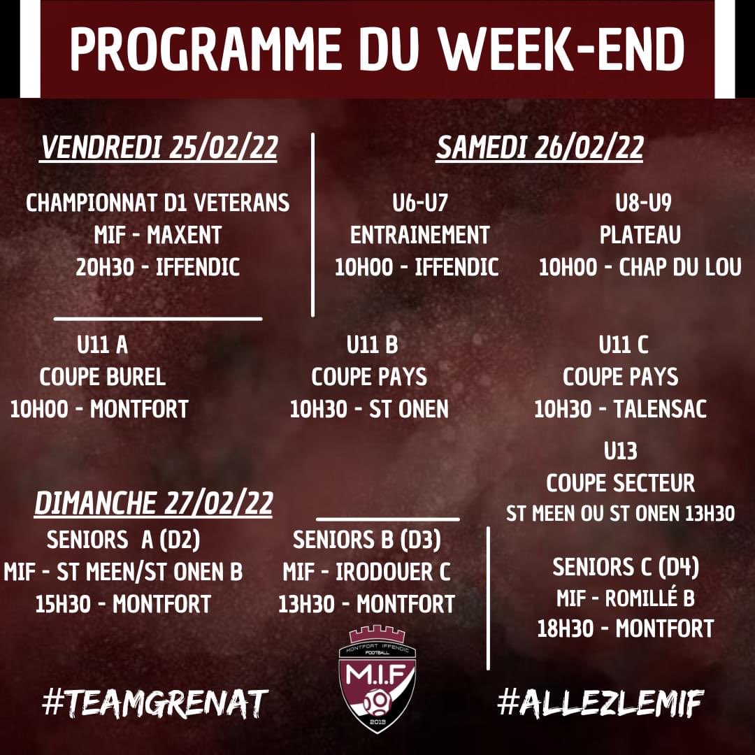 MIF__2013's tweet photo. 📅[PROGRAMME DU WEEK-END]📅

Fin des vacances scolaires, reprise de la compétition pour l'ensemble de nos équipes !

#TeamGrenat #AllezLeMIF https://t.co/zLUKylkOvQ