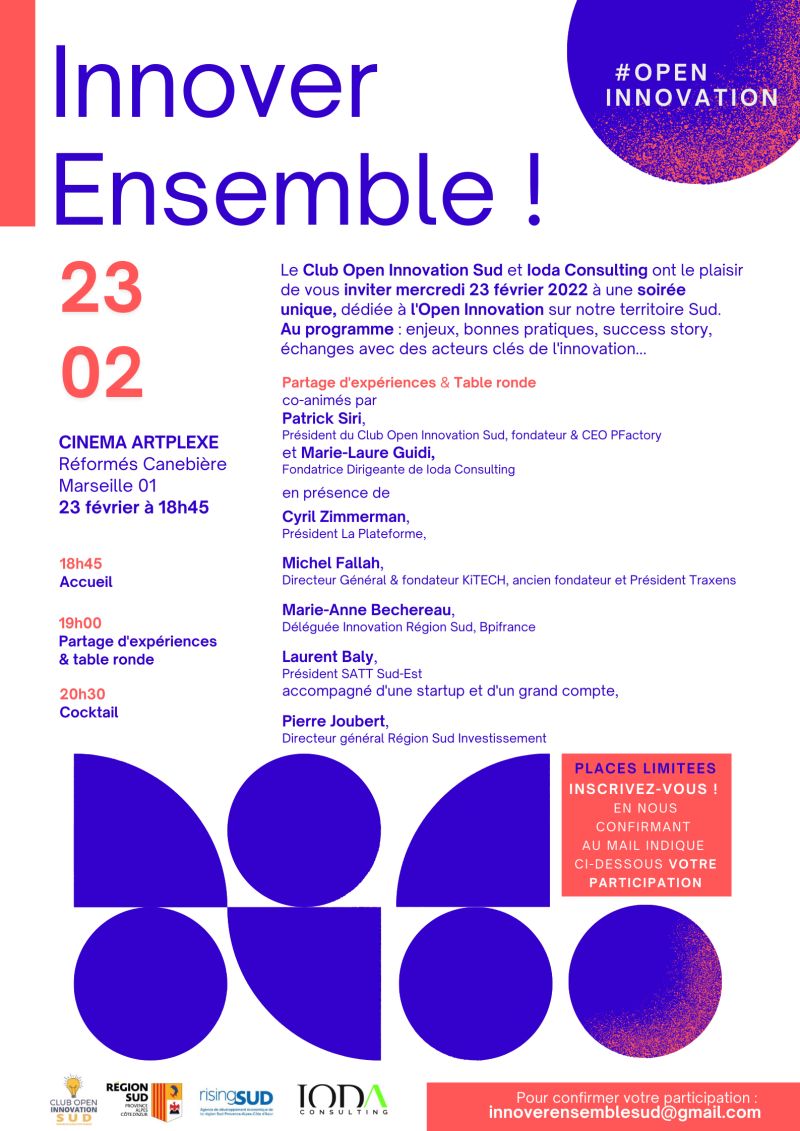 Iodaconsulting's tweet photo. 📆 JOUR J ! On se retrouve ce soir pour notre événement « Innover Ensemble » dédié à l’#OpenInnovation 💡
Un beau programme en perspective vous y attend. 

Pas encore inscrit ? C'est par ici ▶️ innoverensemblesud@gmail.com https://t.co/IdzQ5CsGk3