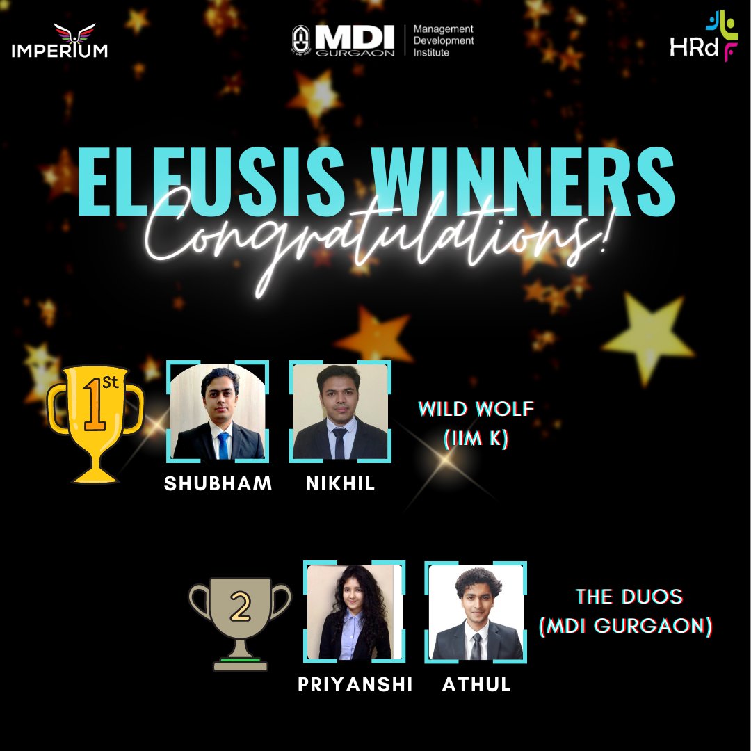 HRDirectionMDI's tweet photo. We are elated to announce the Winners of ELEUSIS 2022!

In showing tremendous grit, intelligence, and rigor - Team Wild Wolf and Team The Duos were adjudged to be the overall winners! Our heartiest congratulations to both the teams!

#hr #strategy #negotiation #results https://t.co/N6paUDNvLL