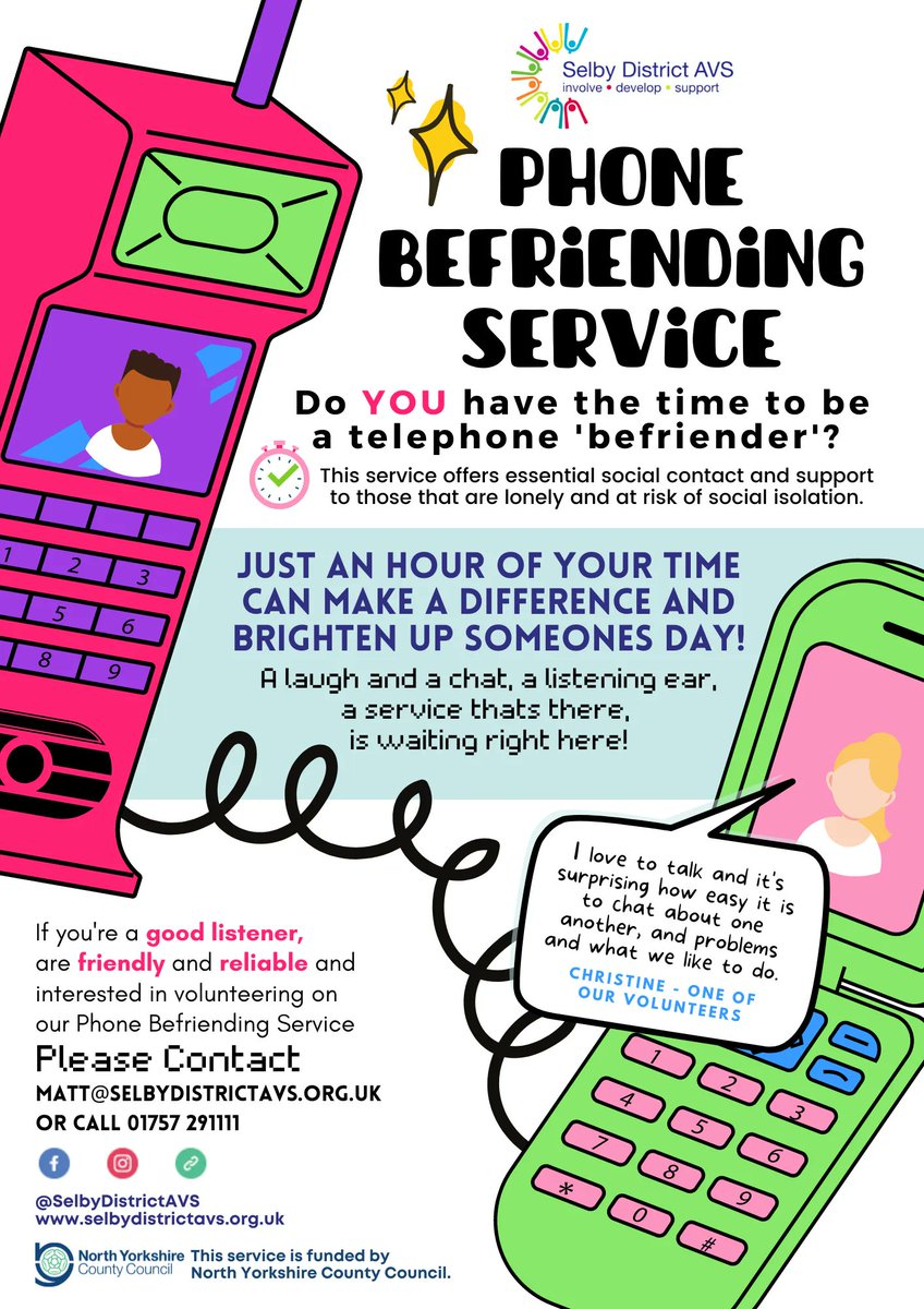 We are looking for volunteers willing to offer an hour a week to make regular calls to just one or two people. 

Our service focus on re-connecting people and giving them some social interaction, no special skills are required; just offer a listening ear and a love of chatting!