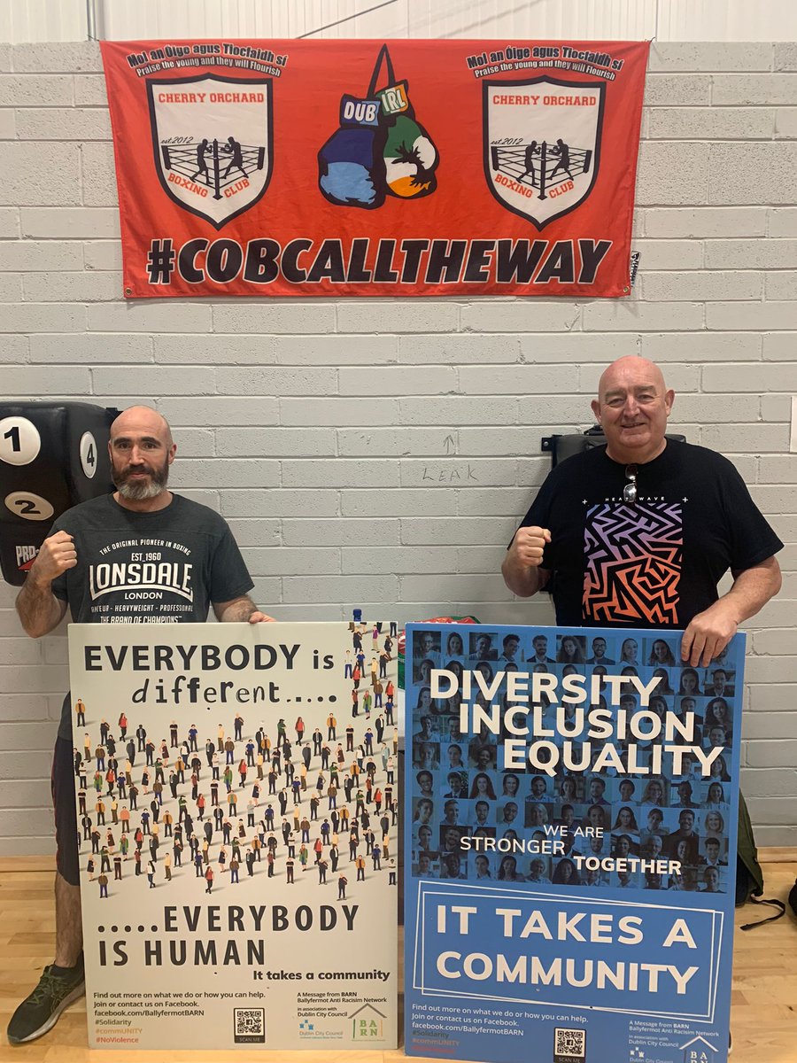 Cherry Orchard Boxing Club  COMMUNITY  everyone is welcome

#solidarity  
#NoRoomForRacism 
#noviolence 
#COMMUNITY
#downattheBARN
#Ballyfermot
#diversity 
#inclusion
#Dublin
#dublincitycouncil 
#LeCheile
#dccsouthcentral
#sport 
#sportagainstracismireland
#sari 
#cobcalltheway