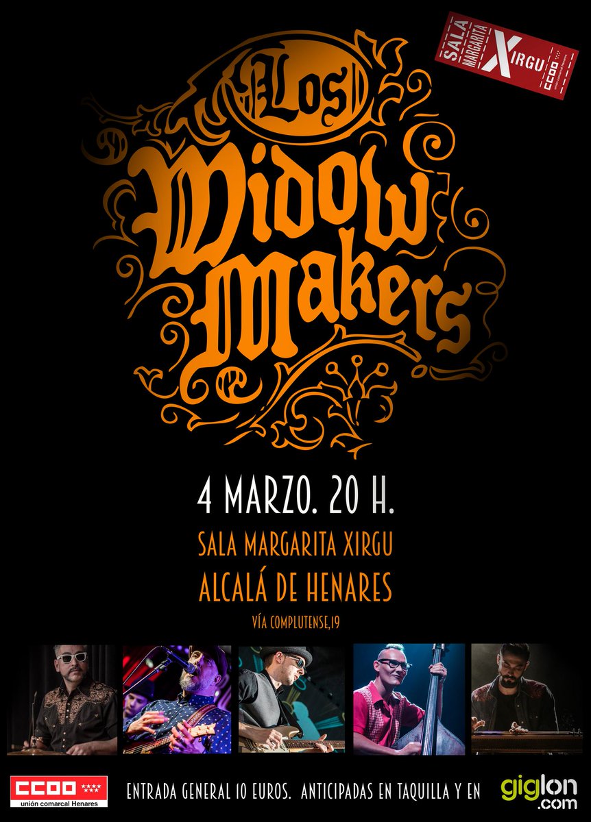 El 4 de marzo Los Widow Makers estaremos en la sala Margarita Xirgu (Alcalá de Henares). Toda la energía de siempre, pero en un formato muy variado, contando con pedal steel guitar, mandolina y contrabajo, y en un espacio teatral.
Entradas anticipadas: 
giglon.com/evento/los-wid…