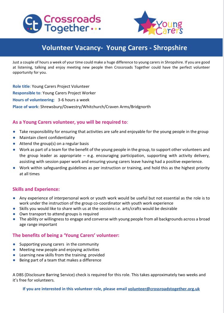 Great opportunity to volunteer with young carers in Shropshire