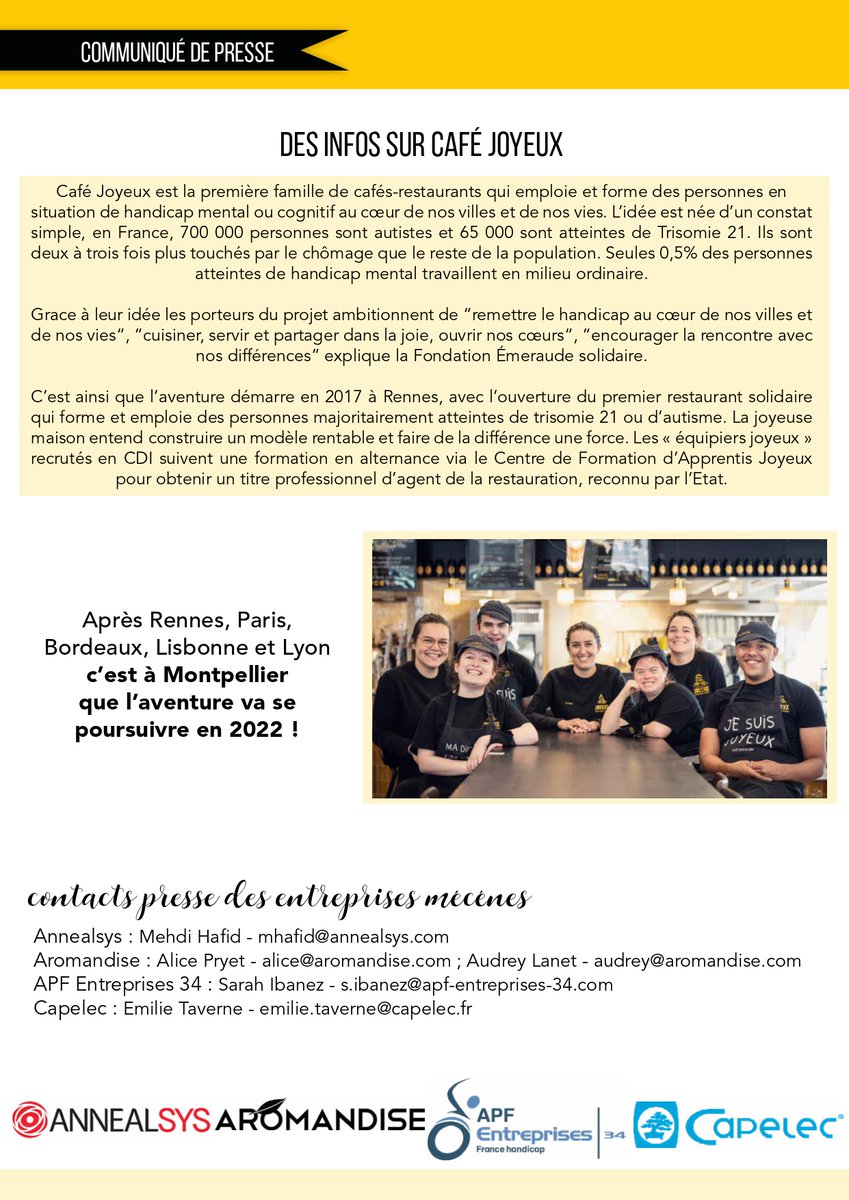 Annealsys, Aromandise, @APF_34 and Capelec support the implementation of Cafe Joyeux in Montpellier. In 2022, the first Café Joyeux in Occitania will be open. Through our action we support the inclusion of people with mental and cognitive disabilities.