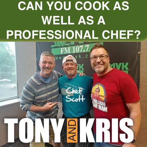 wivk1077's tweet photo. In a #tonyandkris poll, 63% of people think their cooking at home could compete with professional celebrity chefs.
And when asked how they think they'd do on a cooking competition show, 5% are confident they could win it all. #chefscott #wivk https://t.co/NhIGZe4VTP