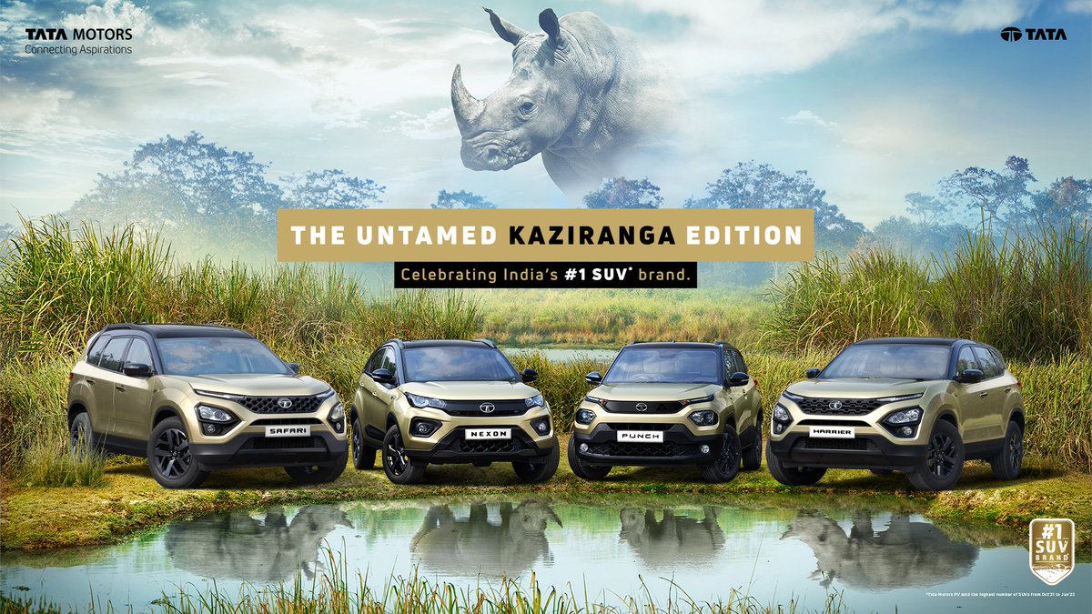 TataMotors_Cars's tweet photo. Presenting the #UntamedKaziranga Edition - making its mark in a wild flurry of adrenaline &amp; adventure. Get set to welcome the latest offering from India’s #1 SUV* Brand - #TataMotorsPassengerVehicles. ​
​
#KazirangaRange #Untamed #ReclaimYourLife #AboveAll #NexLevel #VibesWithYou https://t.co/wYAYoENXIC