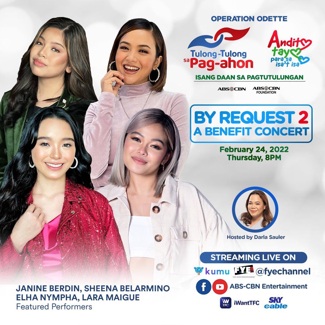ABSCBN's tweet image. Ngayong Huwebes, ang New Gen Divas naman na sina Janine, Sheena, Lara, Elha ang bibida sa kantahan! Kita-kits!   

#TulongKapamilya
#AnditoTayoParaSaIsatIsa
#ByRequest2   

DSWD Authority/Solicitation Permit No.DSWD-SB-SP-00026-21, Nationwide. Valid until May 28, 2022