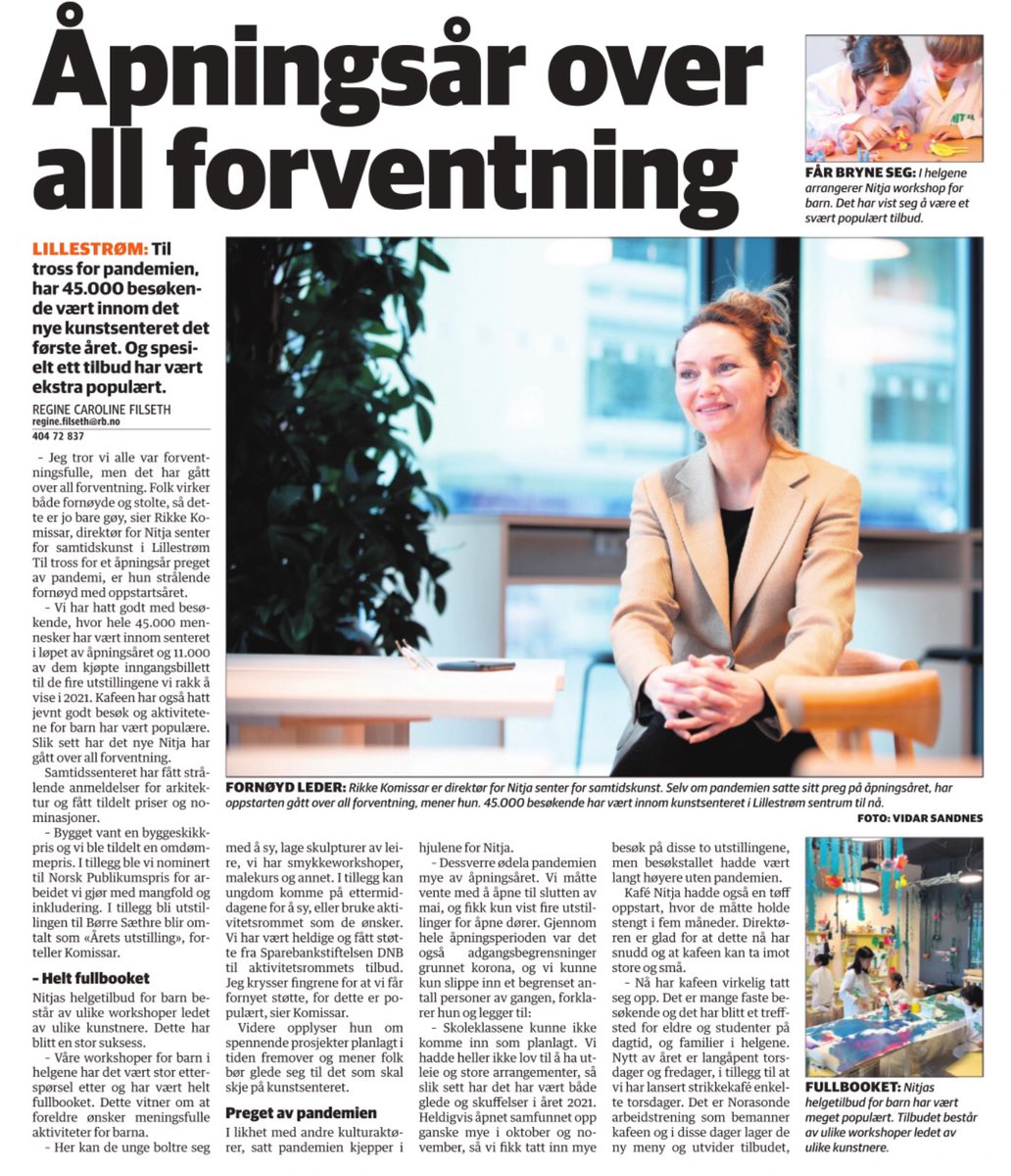 Helene Løbach (@livetitotenvika) on Twitter photo «Bygget vant en byggeskikkpris og ble tildelt en omdømmepris. I tillegg ble vi nominert til Norsk Publikumspris for arbeidet vi gjør med mangfold og inkludering. I tillegg bli utstillingen til Børre Sæthre blir omtalt som «Årets utstilling» - <a href="/RKomissar/">Rikke Komissar</a>, <a href="/nitjakunst/">Nitja senter for samtidskunst</a>
(RB 22/2) «Bygget vant en byggeskikkpris og ble tildelt en omdømmepris. I tillegg ble vi nominert til Norsk Publikumspris for arbeidet vi gjør med mangfold og inkludering. I tillegg bli utstillingen til Børre Sæthre blir omtalt som «Årets utstilling» - <a href="/RKomissar/">Rikke Komissar</a>, <a href="/nitjakunst/">Nitja senter for samtidskunst</a>
(RB 22/2)