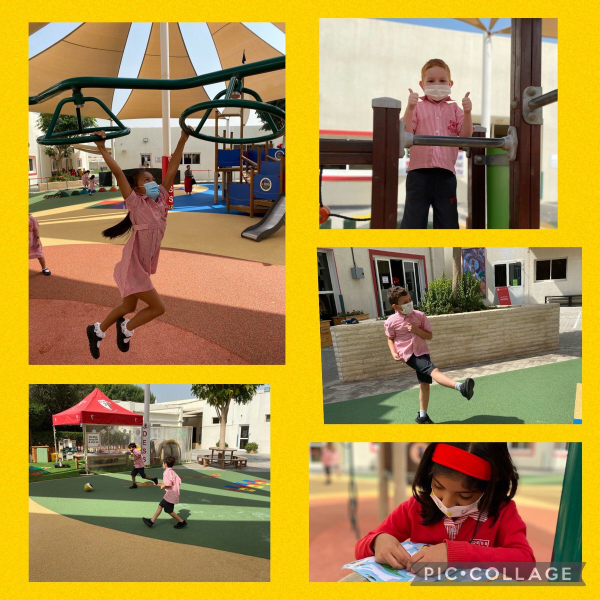DESSyear2's tweet photo. Fun in the sun for 2 Yellow on our amazing new playground floor. #dess #fun #playround @DESSDubai #dessyear2 #Year2 https://t.co/TnLbmM66C3