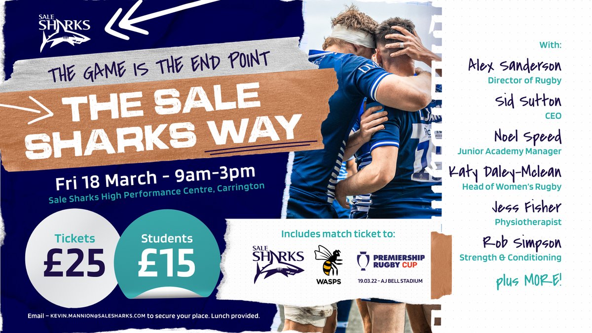 Sale Sharks π¦ (@salesharksrugby) on Twitter photo πΎπΌπππππ πΌππ π&πΎ πΎππΌπΎπππ π
Join us on Friday 18th March for an insight into all of the different elements our coaching team consider when supporting players through injury, preparing a team for matchday and everything in between...
Book your place today! π πΎπΌπππππ πΌππ π&πΎ πΎππΌπΎπππ π
Join us on Friday 18th March for an insight into all of the different elements our coaching team consider when supporting players through injury, preparing a team for matchday and everything in between...
Book your place today! π