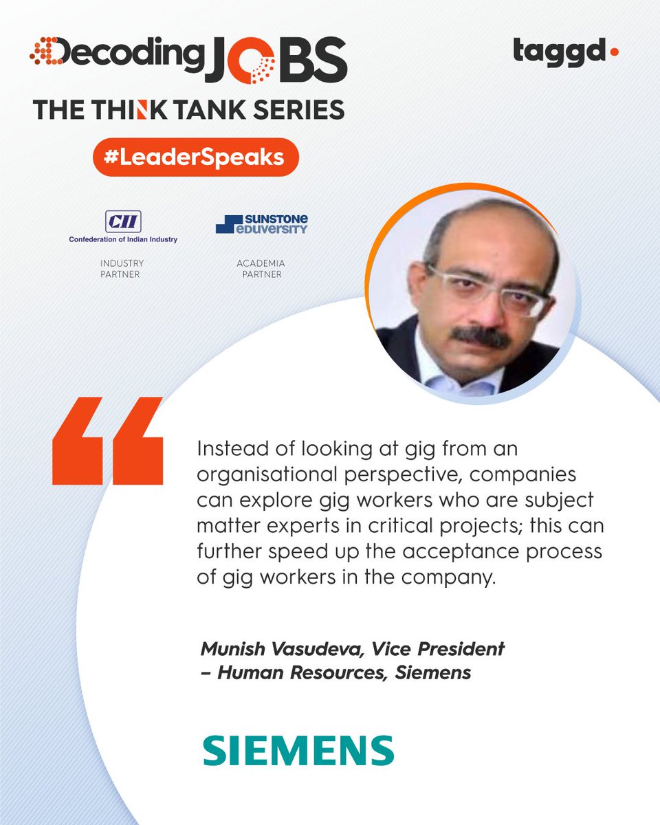 _taggd's tweet photo. The gig economy with its workforce size and new tech-enabled work offers financial liberty to people, Munish Vasudeva, VP-HR, @siemens shares his views. Download the #DecodingJobs Compendium here to get more #industryinsights: https://t.co/KCaNJZ43Qz
#gigworkforce #LeadersSpeak https://t.co/5AGWXV5IMs