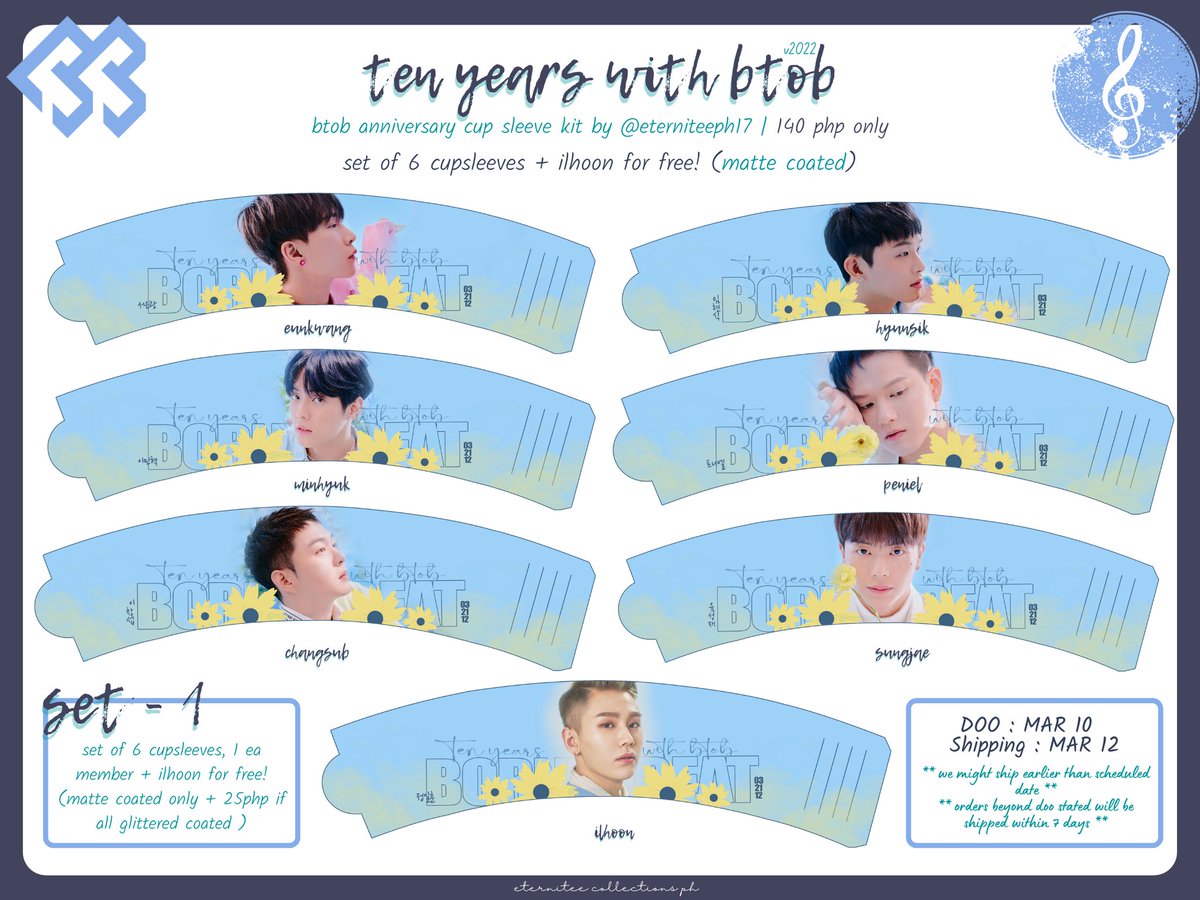 eterniteeph17's tweet photo. #ecphGO🐨

#BTOB 10th Anniv cup sleeve kit ❤️

Set 1 - 140 php
6 members cs set
+ ilhoon cs free
(all matte)

Set 2 - 130 php
same as our reg kit incl

PLS read all deets on photos :>

DOO: 03/10
TARGET SHIPPING DATE: 03/12

ORDERS BEYOND DOO STATED WILL BE SHIPPED WITHIN 7 DAYS https://t.co/MqwBUya8mv