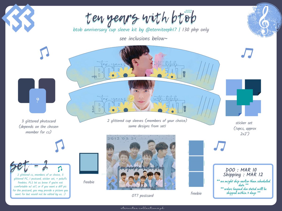 eterniteeph17's tweet photo. #ecphGO🐨

#BTOB 10th Anniv cup sleeve kit ❤️

Set 1 - 140 php
6 members cs set
+ ilhoon cs free
(all matte)

Set 2 - 130 php
same as our reg kit incl

PLS read all deets on photos :>

DOO: 03/10
TARGET SHIPPING DATE: 03/12

ORDERS BEYOND DOO STATED WILL BE SHIPPED WITHIN 7 DAYS https://t.co/MqwBUya8mv