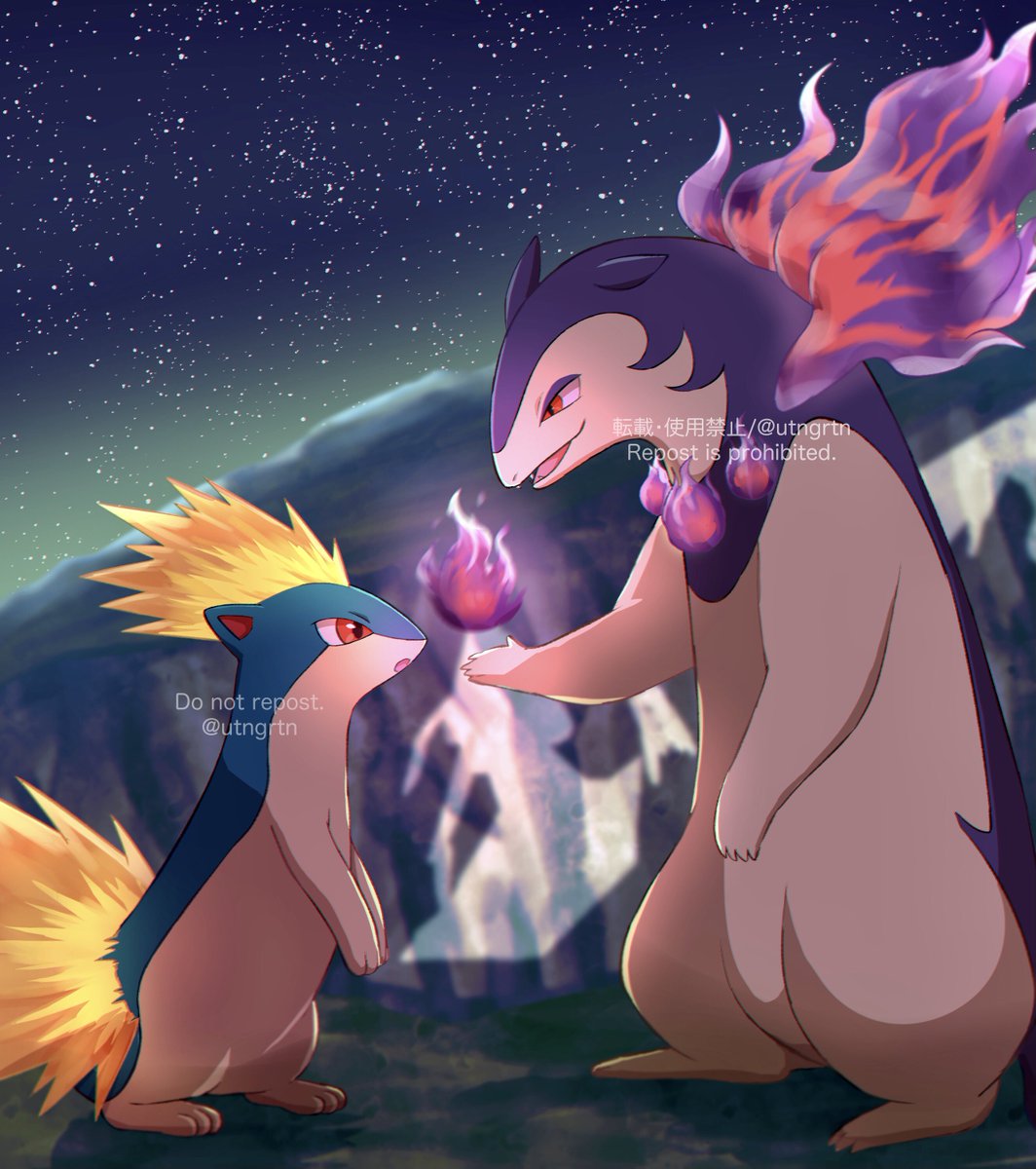 pokemon (creature) no humans outdoors eye contact sky fire night  illustration images