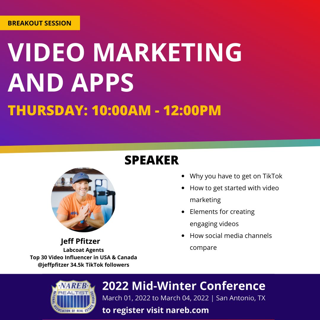 REALTIST_NAREB's tweet photo. Drive reliable lead generation with video marketing. Learn about the best free &amp; low-cost ways to produce professional quality videos with @jeffpfitzer. https://t.co/okw89or9ju

 #NAREB #Realtist #MidWinterConference #ProfessionalDevelopment  #NAREB75 #LeadGeneration #TechTrends https://t.co/XnrVEXkNJm
