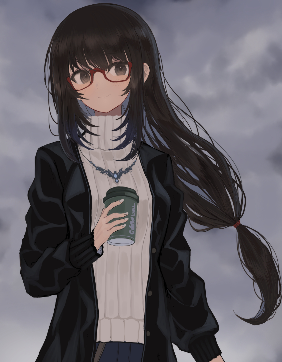 1girl solo long hair glasses sweater necklace holding  illustration images