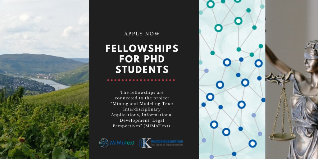 CDHTrier's tweet image. Apply now for a #PhD #fellowship at @CDHTrier. Connected to the project #MiMoText (Modeling Text: Interdisciplinary Applications, Informational Development, #Legal Perspectives) Details: tinyurl.com/nxm9zrzh
Deadline: 13.5.2022
@TrierUni @cldh_trier #DH #doctoral #linguistics