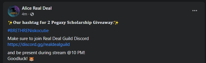 2 Pegaxy Scholarship giveaway, please head to Alice's facebook page to see more details. 

facebook.com/alicerealdealg…

Stream at 10 PM, raffle!! Good luck sa lahat!