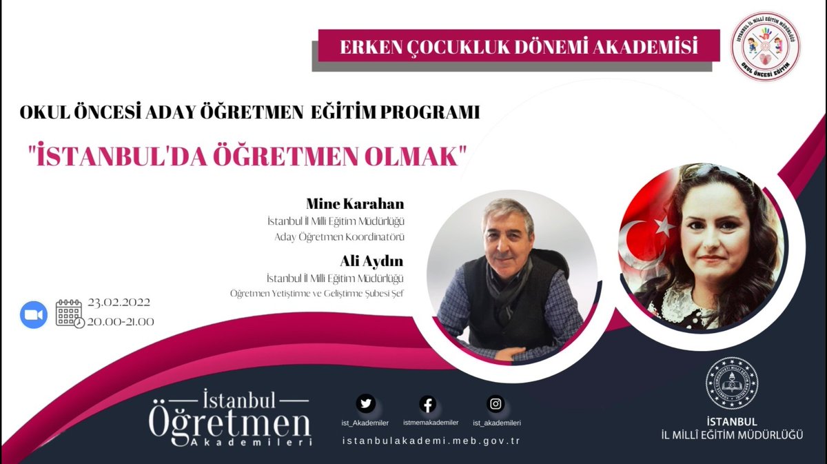 İstanbul Öğretmen Akademileri Erken Çocukluk Dönemi Akademisi ve Temel Eğitim Okul Öncesi Birimi "Okul Öncesi Aday Öğretmen Eğitim Programı"nın ilk dersine "İstanbul'da Öğretmen Olmak" konusuyla başlıyor.
<a href="/memleventyazici/">Levent Yazıcı</a> 
<a href="/istanbulilmem/">İstanbul İl Millî Eğitim Müdürlüğü</a> 
<a href="/mehmetnezirr/">Mehmet nezir</a>