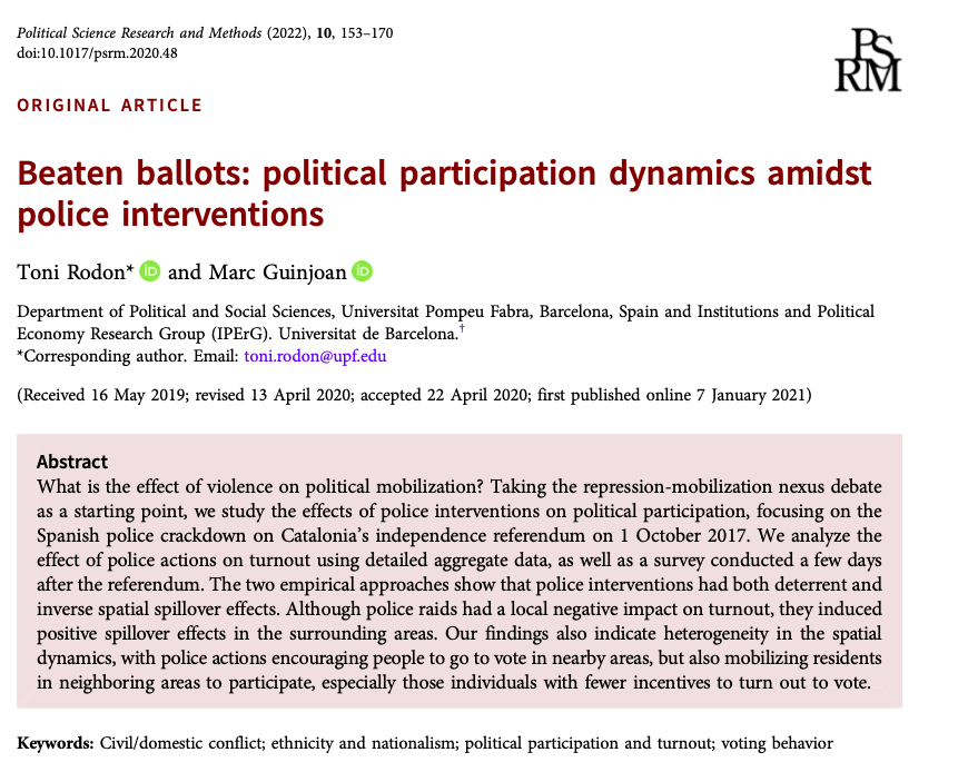 PSRMJournal's tweet photo. #Vol10Iss1 | #PSRM10 | Focusing on the Spanish police crackdown on Catalonia's independence referendum in 2017, @tonirodon &amp; @mguinjoan study the effects that police interventions have on voter turnout

#FreeAccess until the end of February: 

👉https://t.co/8I770eJvbZ https://t.co/gonlmJFFNn