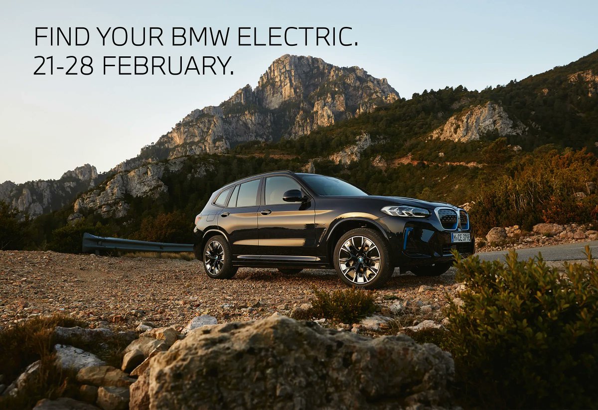 Our Find Your BMW Electric Event is underway!
The new BMW iX3 M Sport looks and feels sportier than ever. With a range of up to 285 miles, the new BMW iX3 M Sport is ideally suited to every route.
Book your test drive today >> bit.ly/3m8O9AF