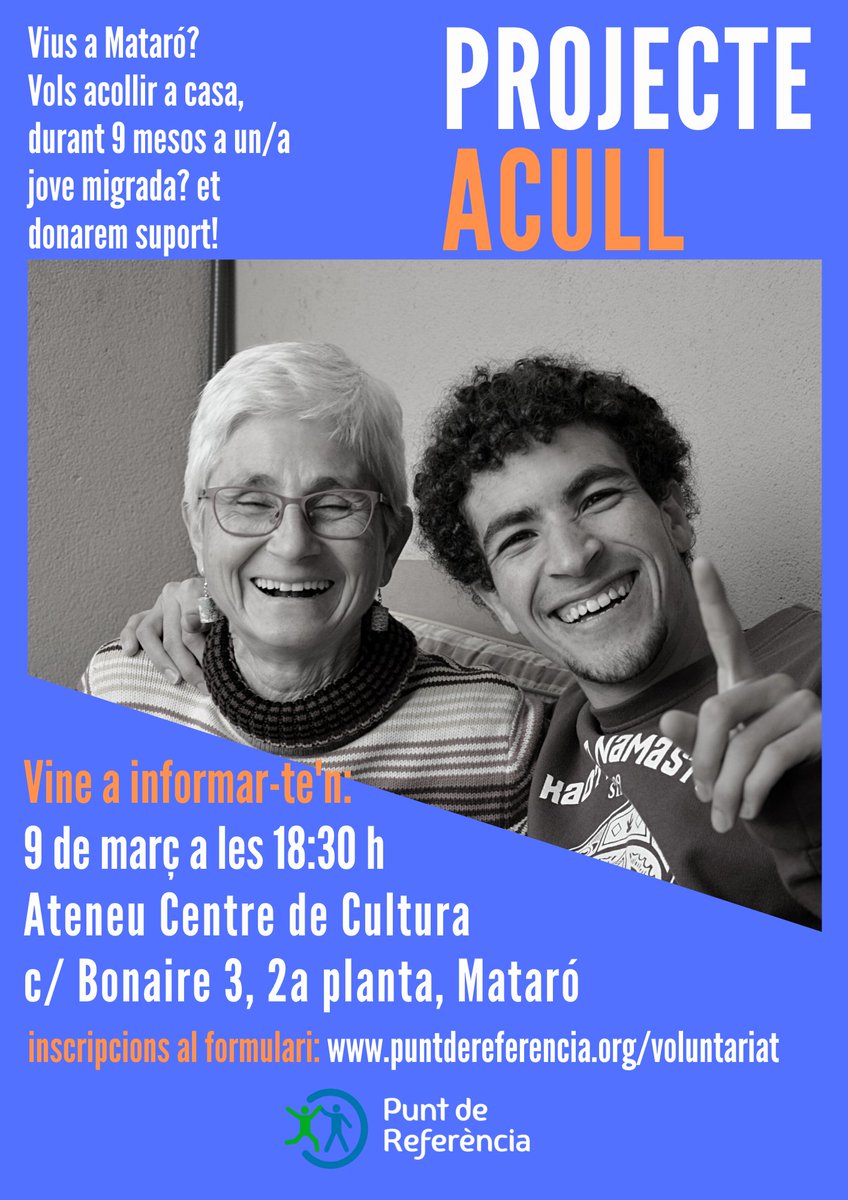 PuntReferencia's tweet photo. Cerquem una llar que pugui acollir un/a jove durant 9 mesos a #Mataró.🏠
Conviure amb un/a jove que ha passat per un trajecte migratori i que té el repte d'emancipar-se és una experiència molt enriquidora.
T'esperem a la sessió informativa sobre el #ProjecteAcull! https://t.co/uuTlCB1VBW