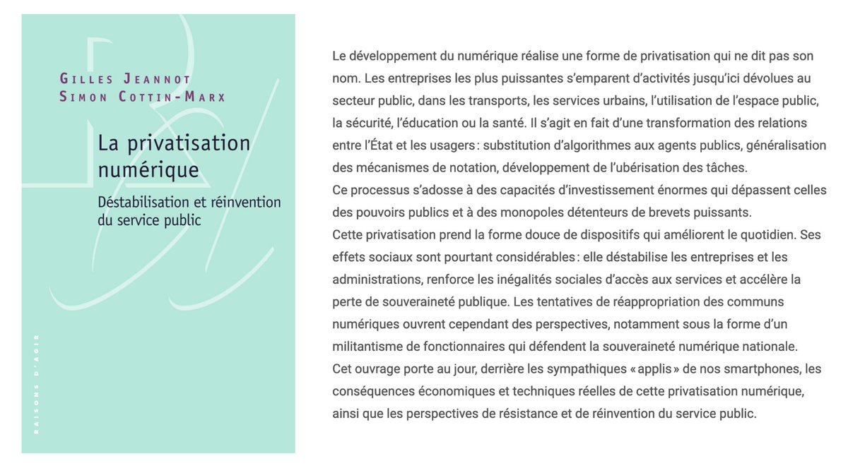 À paraître (18 mars) : "La privatisation numérique : déstabilisation et réinvention du service public" de Gilles Jeannot et Simon Cottin-Marx (<a href="/Simoncma/">Simon Cottin-Marx</a>) aux Éditions Raisons d'agir (<a href="/EdRaisons_agir/">Éditions Raisons d'agir</a>) #numérique #servicepublic

raisonsdagir-editions.org/catalogue/la-p…
