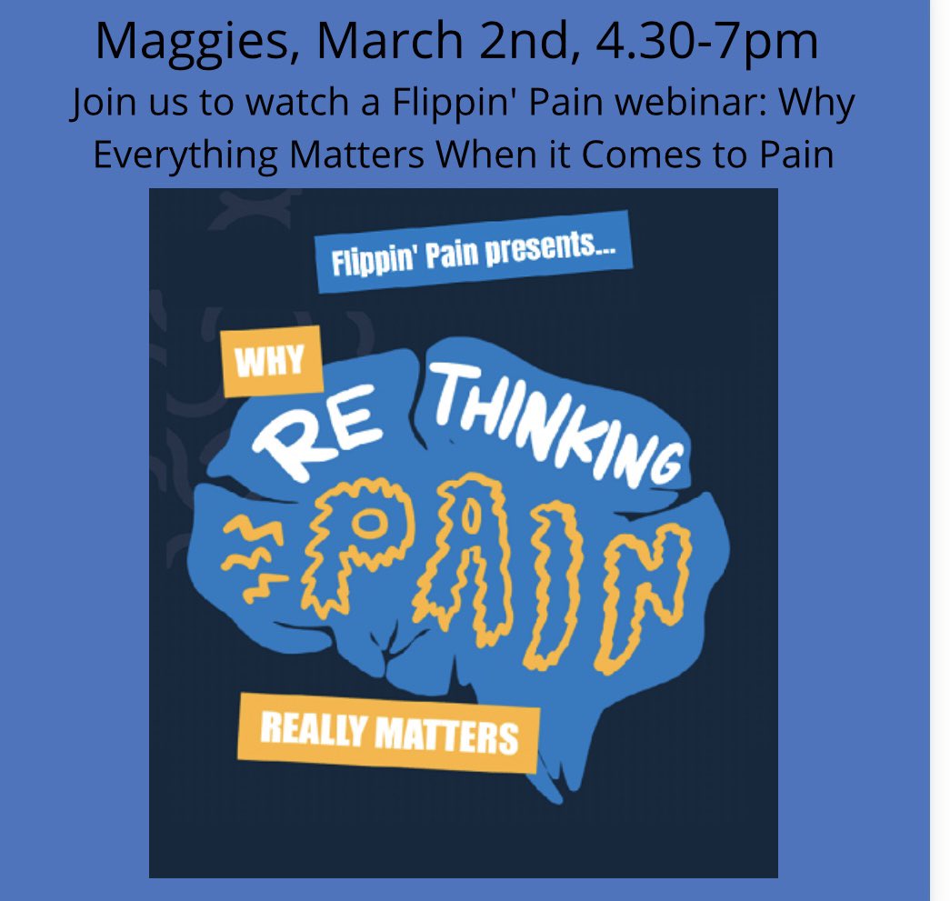 Come join the Physio Society in Maggies from 4.30pm on March 2nd to watch a Flippin Pain webinar! Their webinars approach persistent pain in a way that makes it easy to understand, and let patients share their experiences. There will be a little quiz afterwards too!